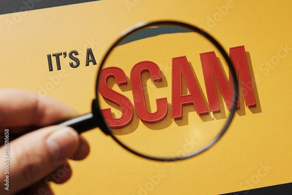 Obraz Magnifying glass focuses on red word scam on yellow background, illustrating fraud detection or investigation concept
