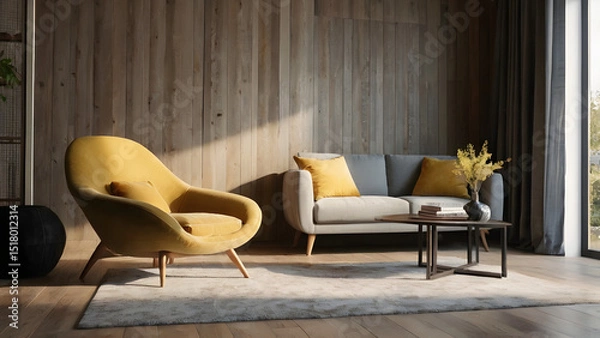 Fototapeta Modern room interior with big armchair and console table with decor near wall with sunlight