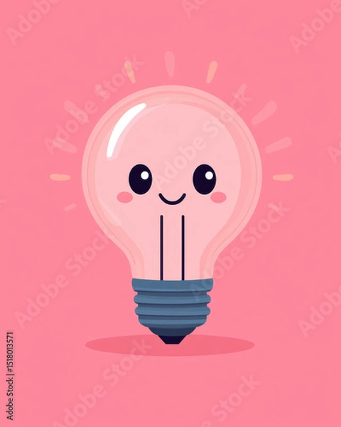 Fototapeta A cute cartoon lightbulb radiating warm, A cute cartoon light bulb character with a happy face, glowing softly against a bright pink background, perfect for creative designs.