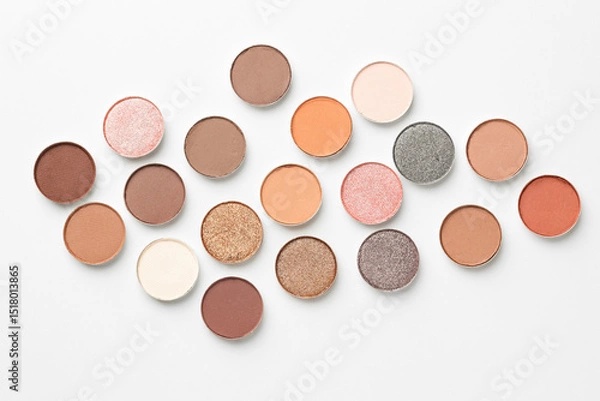Obraz Beautiful eyeshadow refill pans on white background, flat lay