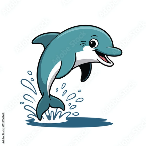 Fototapeta Playful cartoon dolphin jumping out of water with smile in blue and white design illustration for aquatic theme