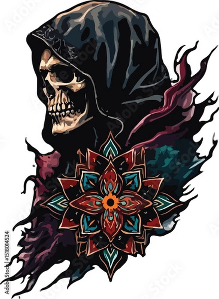 Obraz Grim Reaper Tattoo Art Design with Mandala Art Concept – Perfect for Tattoo, T-Shirt Design, Print, Wall Art, Poster or Digital Stickers. Editable vector