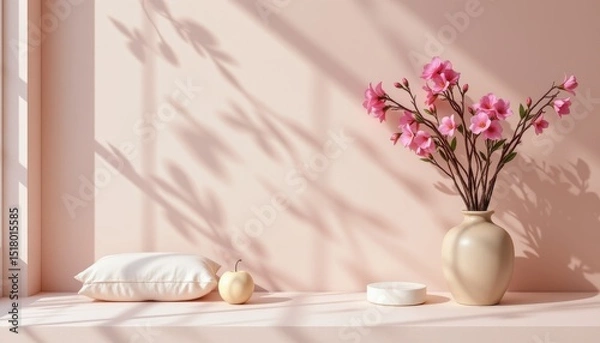 Fototapeta chic display of oleander in a minimalist style, using soft pink and linen tones colors, soft shadows, clean contours, sleek design, high resolution
