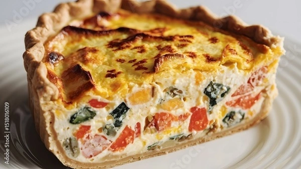 Fototapeta A savory quiche wedge in sharp focus, isolated on a white background – quiche wallpaper – bakery wallpaper – quiche image

