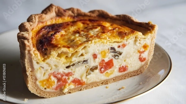 Fototapeta A bakery-fresh quiche slice with melted cheese on a clean white background – quiche wallpaper – bakery wallpaper – quiche image

