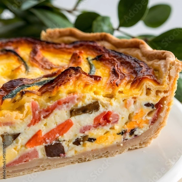 Fototapeta A close-up of a vegetable quiche slice in sharp detail on a white background – quiche wallpaper – bakery wallpaper – quiche image


