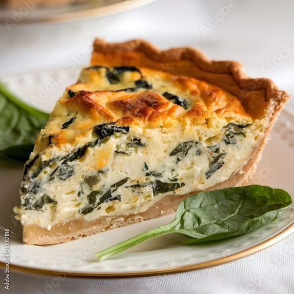 Fototapeta A high detail image of a quiche slice with golden crust and creamy interior – quiche wallpaper – bakery wallpaper – quiche image

