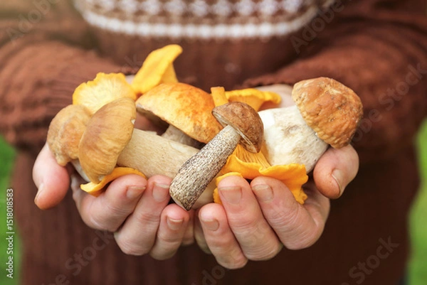 Obraz Edible ushrooms in mushroom picker hand close up, macro. Mushroomer with different wild forest mushroom harvest in hands in sunlight