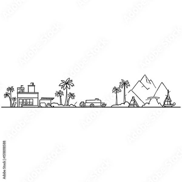 Fototapeta Tropical island silhouette, palm trees, wavy water, black and white illustration, minimalist design, beach landscape, graphic art, simplified shapes, coastal scenery, vacation vibes, tranquil ocean