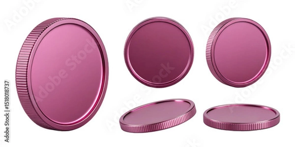 Fototapeta Shiny pink coins with smooth surface and ribbed edges are displayed in various positions, showcasing their vibrant color and design