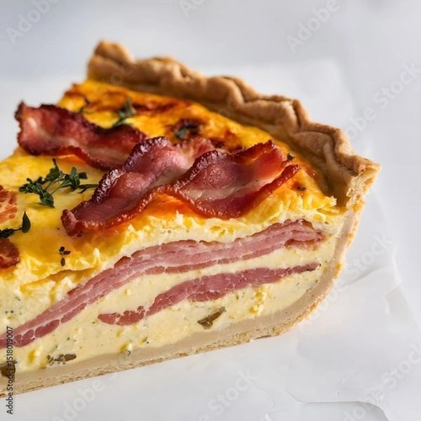 Fototapeta A close-up of a golden slice of quiche captured in sharp detail on a white surface – quiche wallpaper – bakery wallpaper – quiche image

