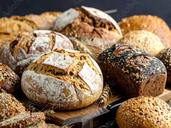 Obraz Wheat rye bread with oatmeal, sesame, sunflower seeds and linseed. Homemade bread sourdough.