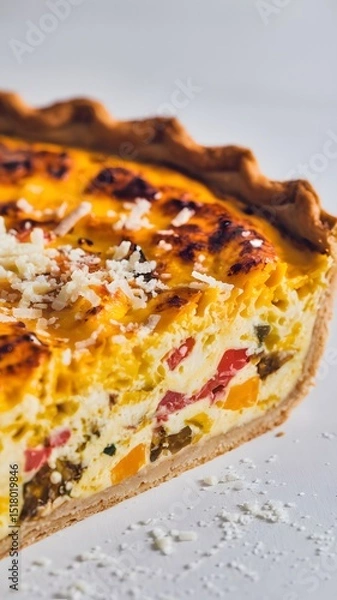 Fototapeta A close-up shot of a savory quiche slice in sharp focus on a white background – quiche wallpaper – bakery wallpaper – quiche image

