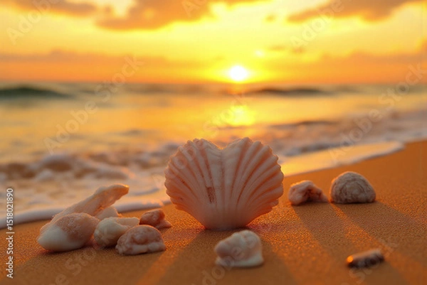 Fototapeta heart shaped shell on the beach at sunset