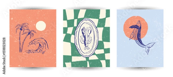 Fototapeta Set of Hand Drawn sketch style vector Illustrations – Vintage Style Minimal Posters with Grunge Texture. Travel doodles. Art for postcards, print posters, packaging design with textured grunge finish