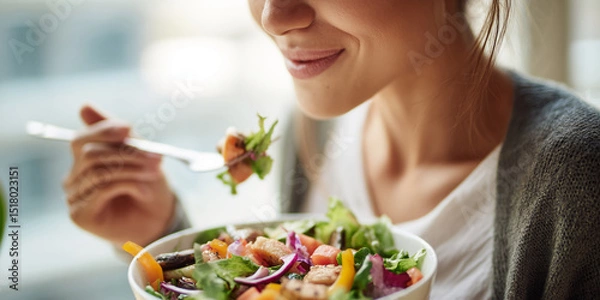 Fototapeta Woman enjoys a colorful salad, showcasing healthy eating and wellness lifestyle choices.  Image depicts freshness and nutritious meal