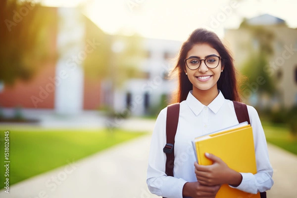 Fototapeta Smiling Indian student holding books and a backpack, enjoying a sunny day on the university campus, embodying the spirit of education and youth