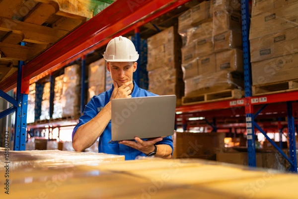 Fototapeta warehouse manager in hard hat using a laptop to analyze inventory data among stacked pallets in a high-bay storage facility.