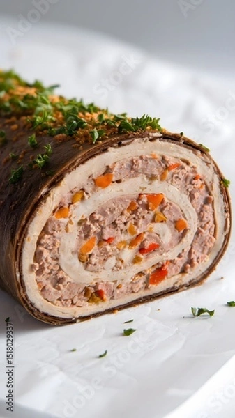 Fototapeta A moist roulade dessert slice with visible swirl, close-up on white – roulade wallpaper – bakery wallpaper – roulade image

