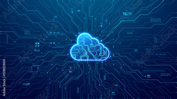 Fototapeta Abstract digital tech Cloud with circuit board components. AI data server concept. Big Data. Technology blue circuit board. 3D neon cloud in the center futuristic motherboard. Vector illustration. 
