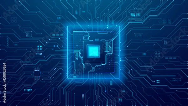 Fototapeta Abstract digital AI chip on light circuit board on technology blue background. Artificial Intelligence processor or semiconductor on tech bg. Computer microchip on motherboard. Abstract digital vector