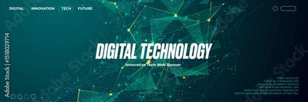 Fototapeta Abstract green technology web banner with connected dots and thin lines wave. Plexus polygonal tech background. AI innovation concept. Digital tech bg is great for using as a cover, presentation, web