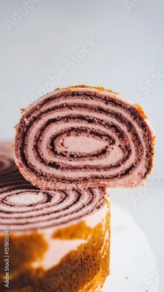 Fototapeta Close-up of a bakery-style roulade slice with swirl filling on white background – roulade wallpaper – bakery wallpaper – roulade image

