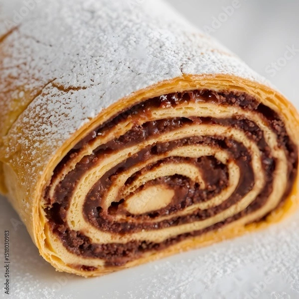 Fototapeta A light and fluffy roulade cake slice on a white background in close-up – roulade wallpaper – bakery wallpaper – roulade image

