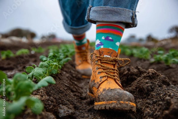 Fototapeta Colorful socks and orange boots walking through muddy field with green seedlings