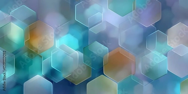 Fototapeta Abstract: interlocking, slightly transparent geometric polygons in cool blues, teals, grays. Subtle gradients, digital grain. Soft light. Space on right third. Modern, clean.
