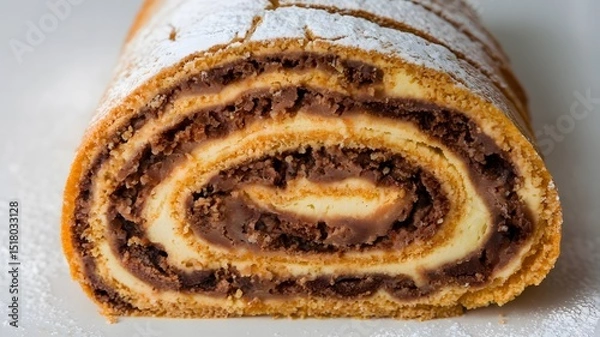 Fototapeta Close-up of a slice of roulade on a white background – roulade wallpaper – bakery wallpaper – roulade image

