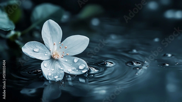 Fototapeta Delicate White Flower with Glimmering Dew Drops Resting on a Tranquil Dark Water Surface