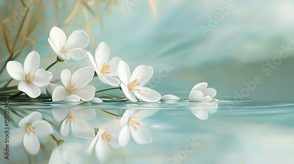 Fototapeta Delicate White Flowers Gently Submerged in Tranquil Aqua Water, Creating a Serene Reflection