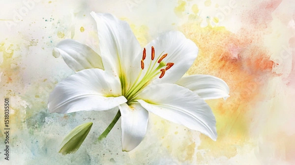 Fototapeta Delicate White Lily Watercolor Painting with Soft Pastel Background and Gentle Brushstrokes