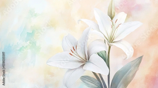 Fototapeta Delicate White Lily Watercolor Painting with Soft Pastel Background and Gentle Brushstrokes
