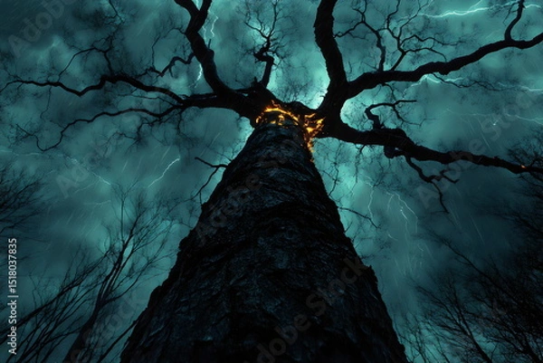 Obraz Mysterious tree illuminated by lightning under dramatic stormy sky at night