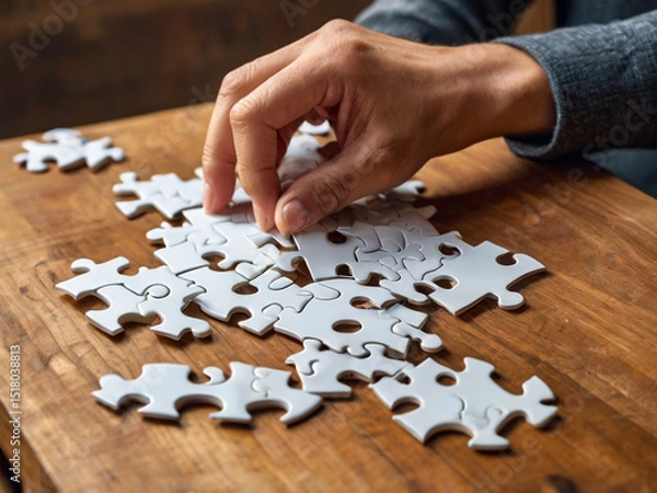 Fototapeta Person assembling a white jigsaw puzzle on wood