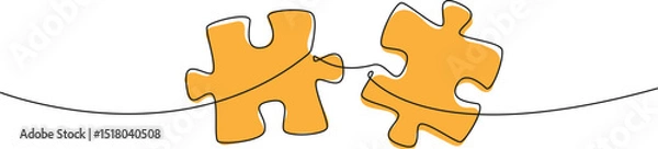Obraz continuous single line drawing of two jigsaw puzzle pieces, line art vector illustration