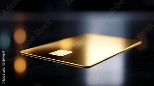 Fototapeta A sleek gold card lies on a dark surface. Its shiny finish reflects light beautifully. This image captures luxury and modern technology. Perfect for finance themes. AI