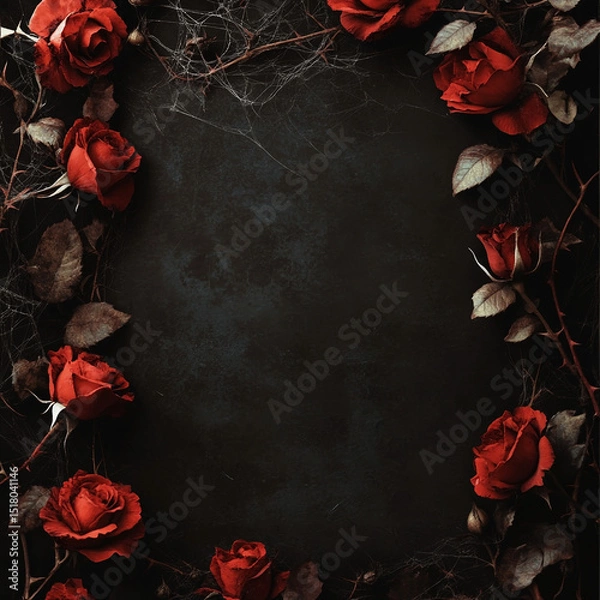 Fototapeta Dark floral arrangement of red roses with thorns and a cobweb effect on a textured black background