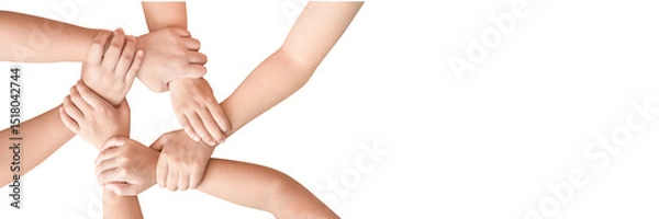 Fototapeta Young children hands holding together in round circle isolated on transparent background for partenership, brainstroming, global community teamwork, collaboration and sustainable development goal