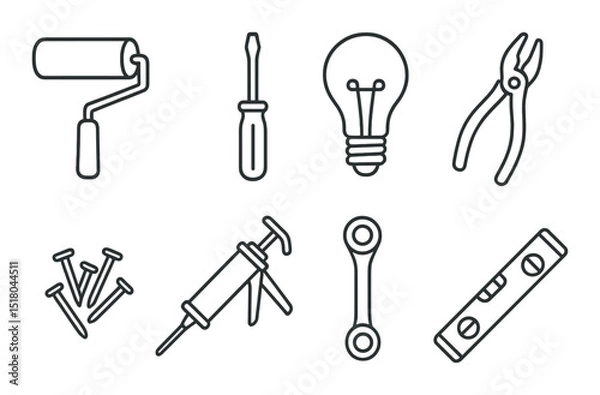 Fototapeta Tool set. home improvement linear tools. wrench, screwdriver, bulb, roller vector icons.