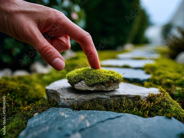 Fototapeta Close-up of finger touching soft moss on garden stone path
