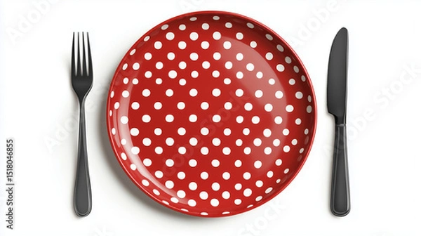 Obraz Top-view vector illustration of an empty red plate with a polka dot pattern, accompanied by a knife and fork, isolated on a white background.

