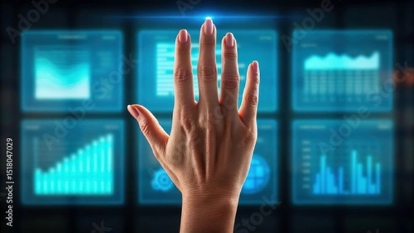 Fototapeta Human hand interacting with digital interface displaying data analytics futuristic concept of technology progress and innovation