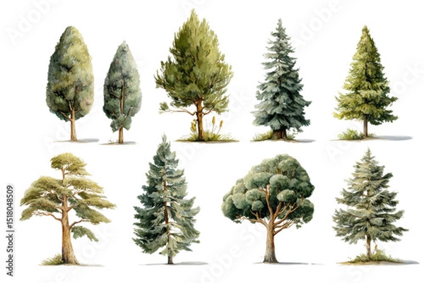 Obraz PNG Watercolor illustrations of varied evergreen tree species in detailed artistic styles