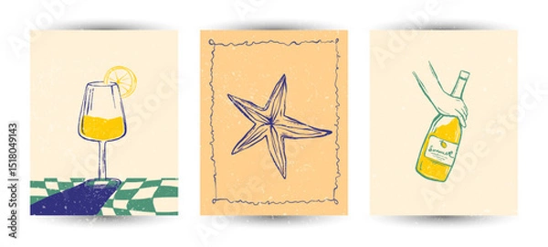Fototapeta Set of Hand Drawn sketch style vector Illustrations – Vintage Style Minimal Posters with Grunge Texture. Travel doodles. Art for postcards, print posters, packaging design with textured grunge finish