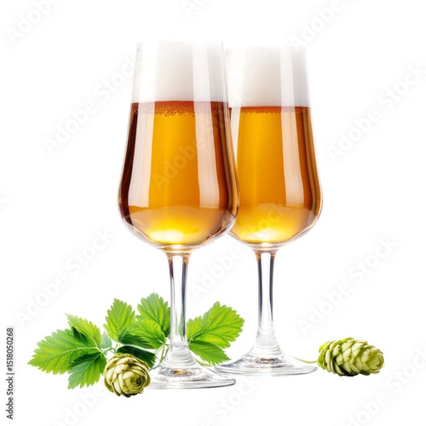 Obraz Two glasses of beer with hop plant isolated on transparent background