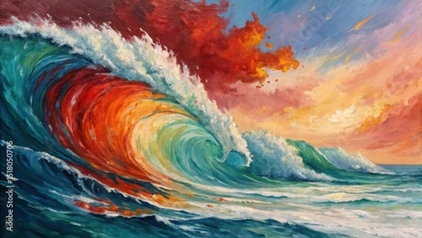 Fototapeta Oil painting depicting a crashing ocean wave with vibrant colors and dynamic brushstrokes under a beautiful sky