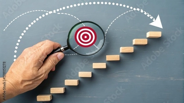 Fototapeta Reaching the target focus on a business plan with a goal-oriented strategy on success with steps.